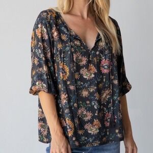 Natural Life Dark Floral Peasant Blouse Top Women's Medium Boho